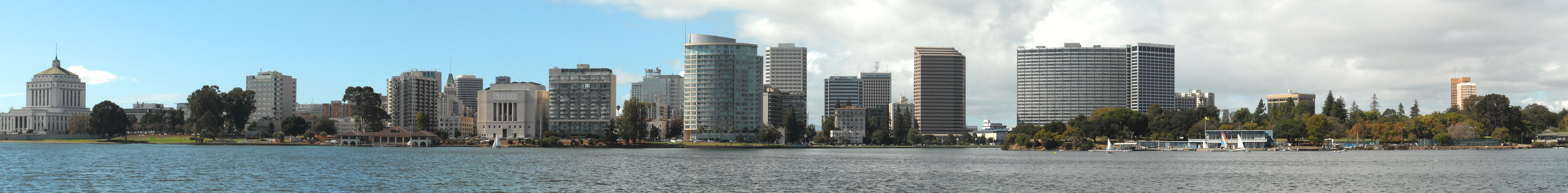 The downtown Oakland skyline across Lake Merritt