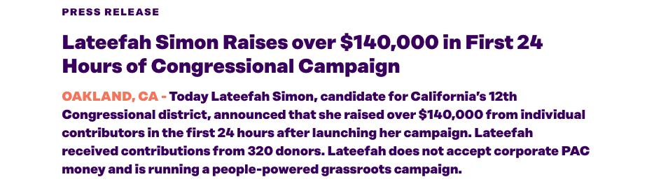 Campaign press release stating Lateefah Simon does not accept corporate PAC money